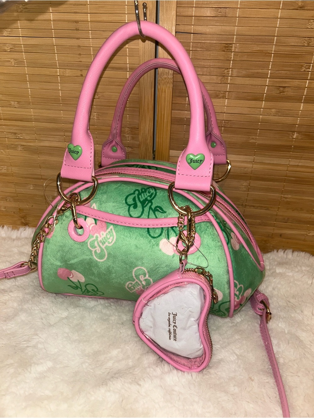 Juicy Couture Retro Cherry Satchel purse tote crossbody bag pink green NEW Y2K